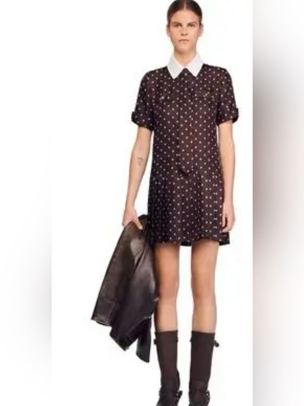 Sandro lys Brown Printed Collared Dress with White Contrast Collar